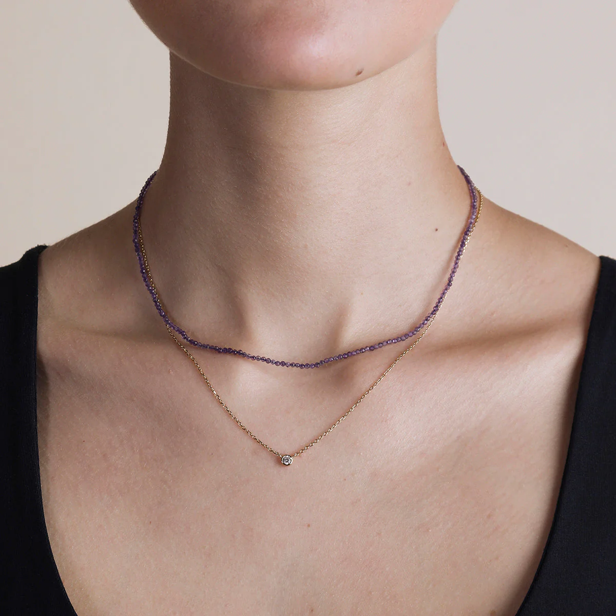 Amethyst February Beaded Necklace in Solid Gold - Image 3