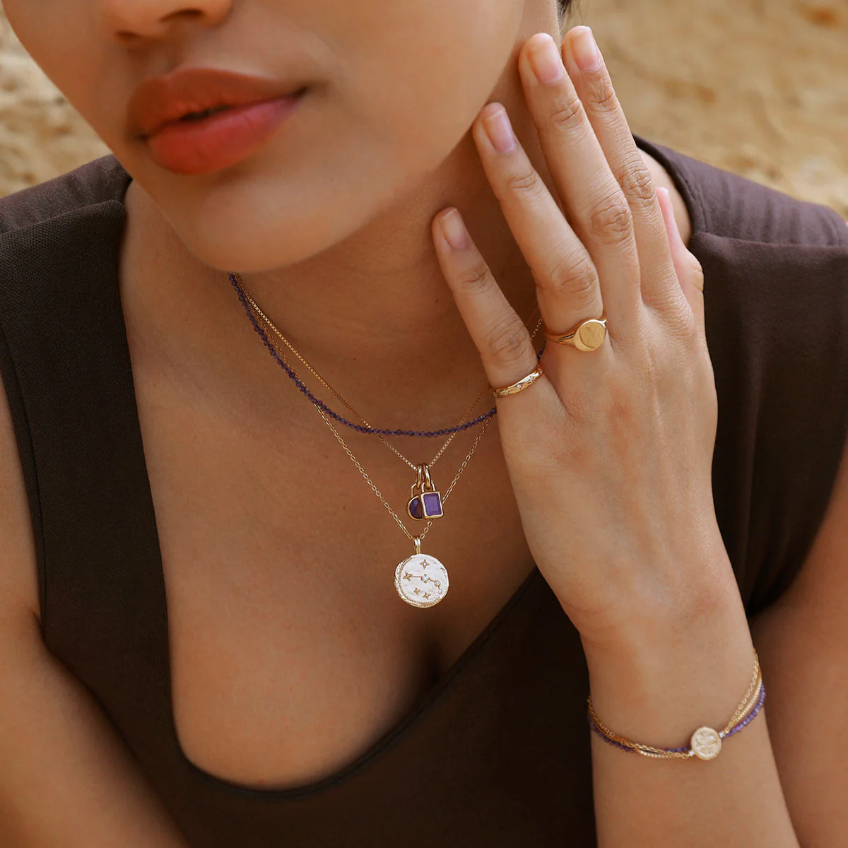 Amethyst February Beaded Necklace in Solid Gold - Image 5