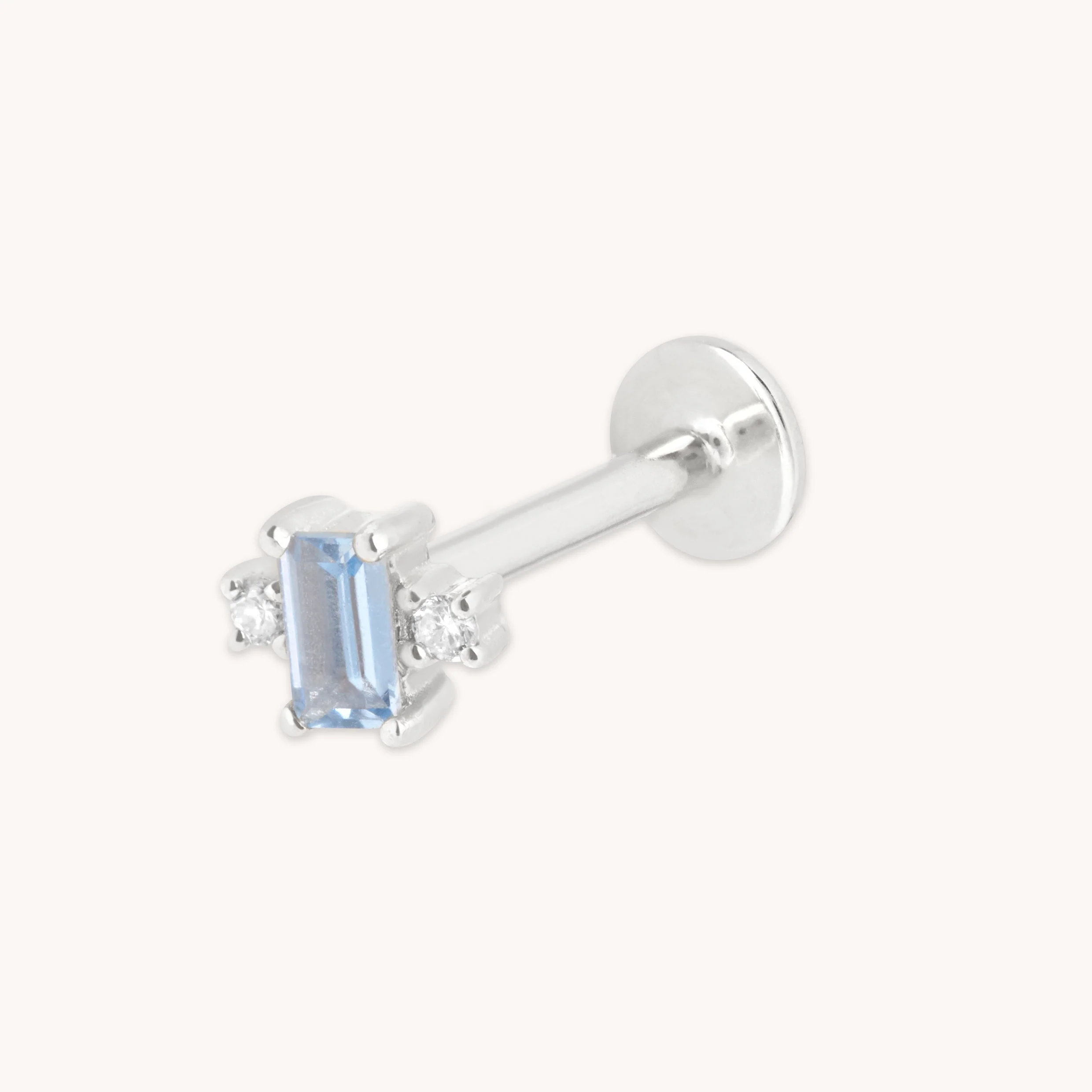 Blue Spinel Baguette Piercing Stud in Solid White Gold