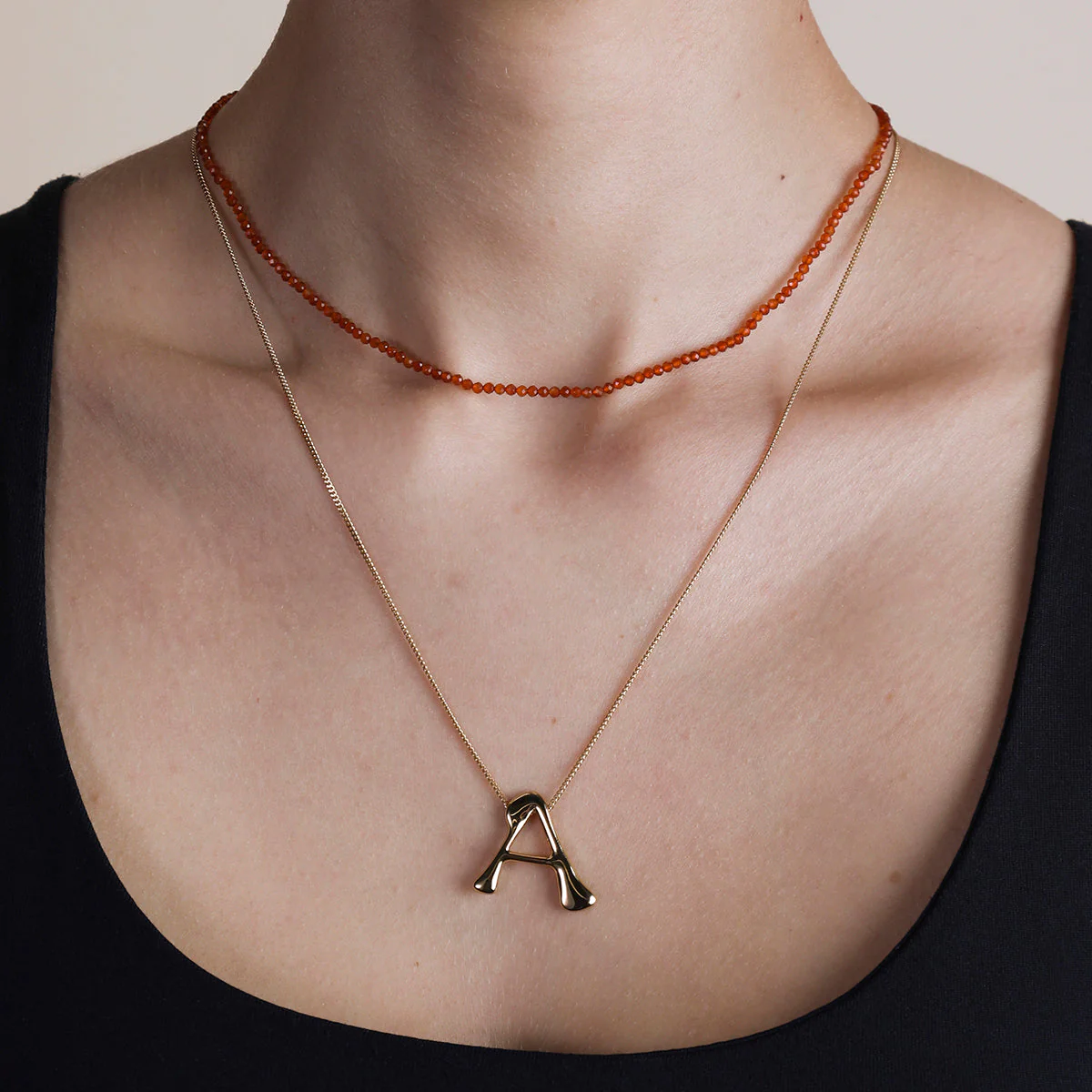 Carnelian July Beaded Necklace in Solid Gold - Image 3