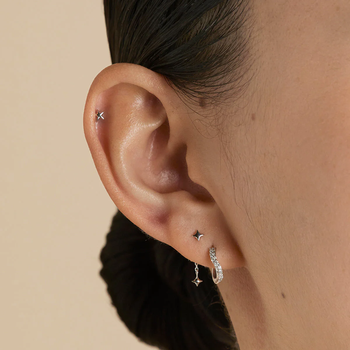 Cosmic Star Chain Studs in Solid White Gold - Image 3
