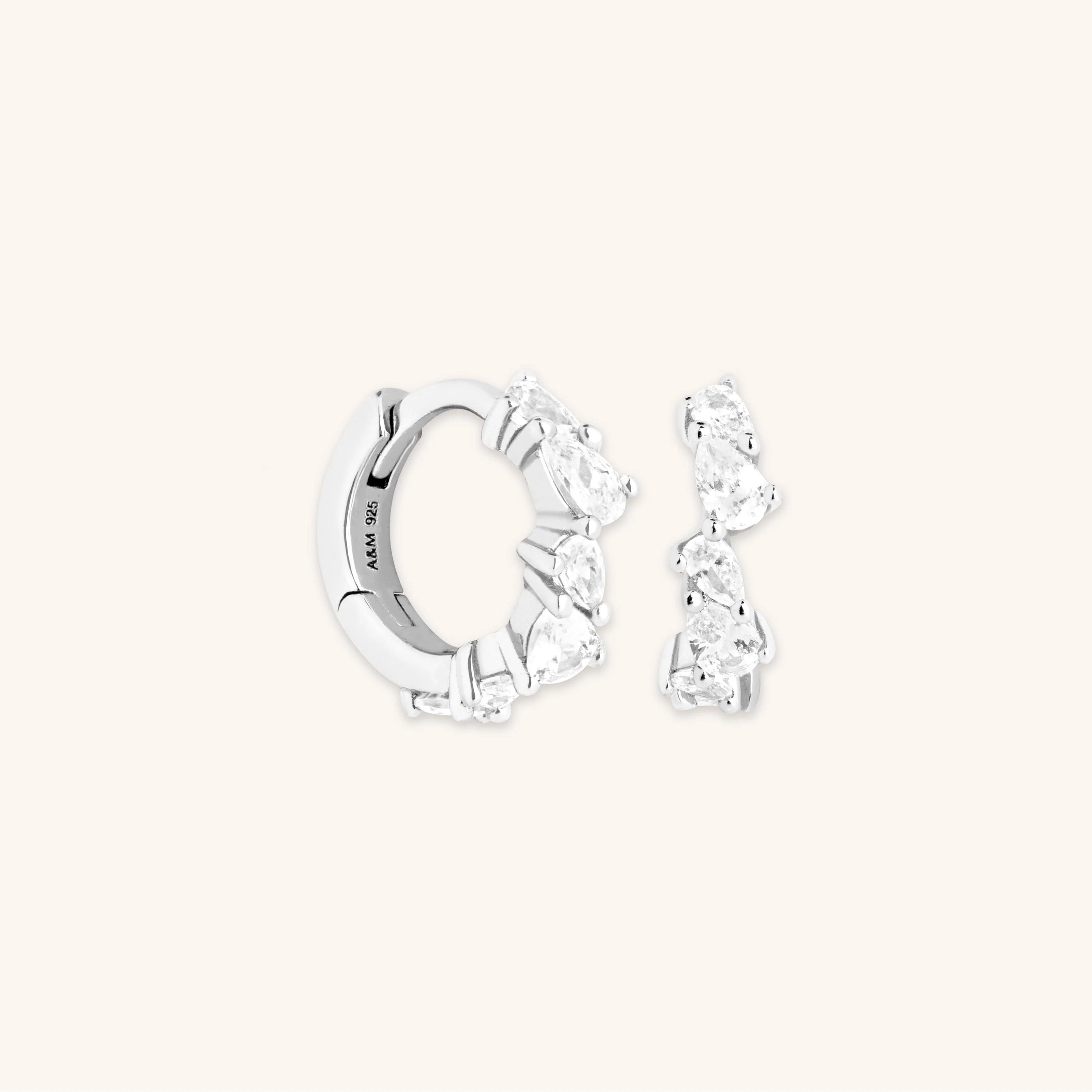 Crystal Pear Huggies in Silver