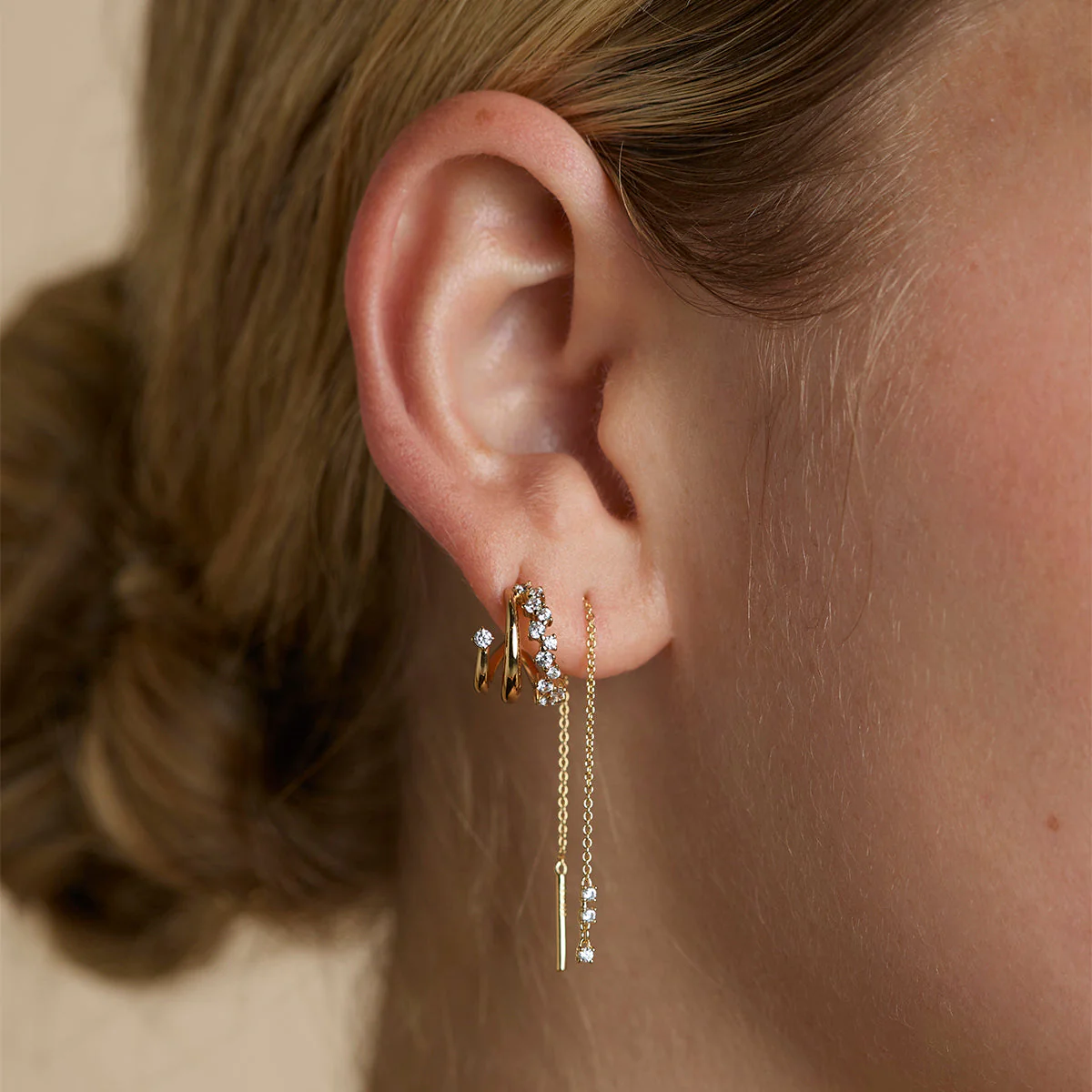 Crystal Thread Through Earrings in Gold - Image 2