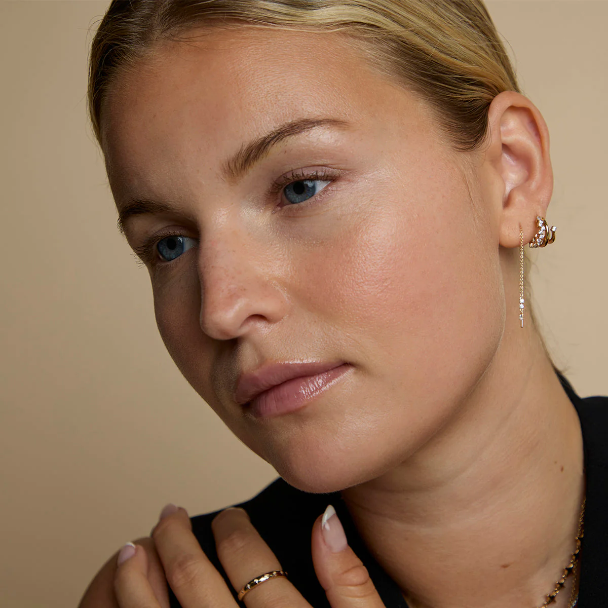Crystal Thread Through Earrings in Gold - Image 4