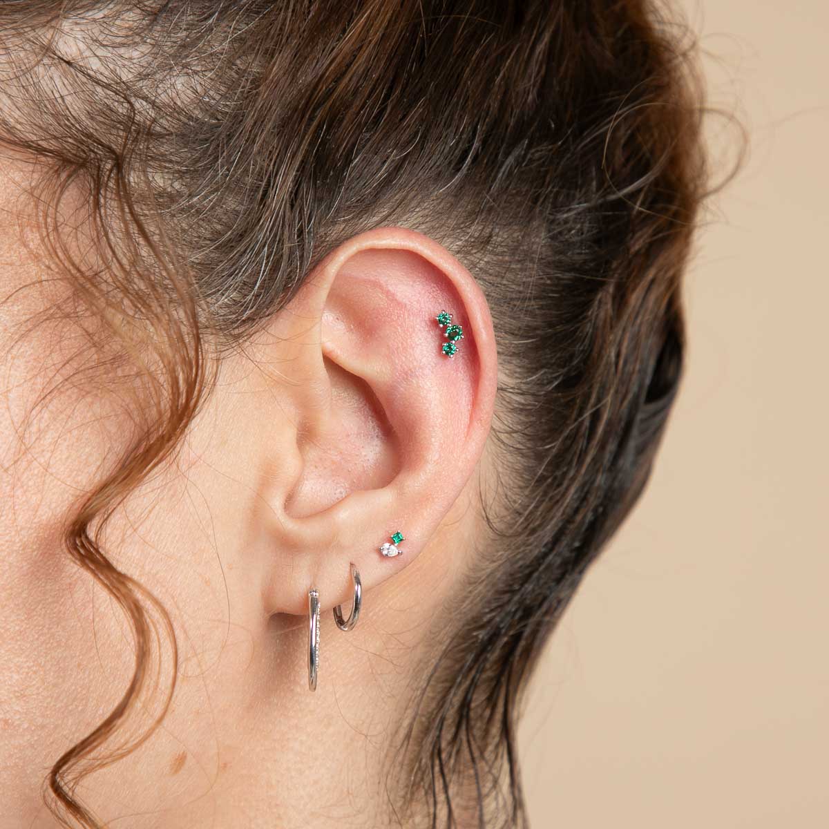 Emerald Curved Piercing Stud in Solid White Gold - Image 2