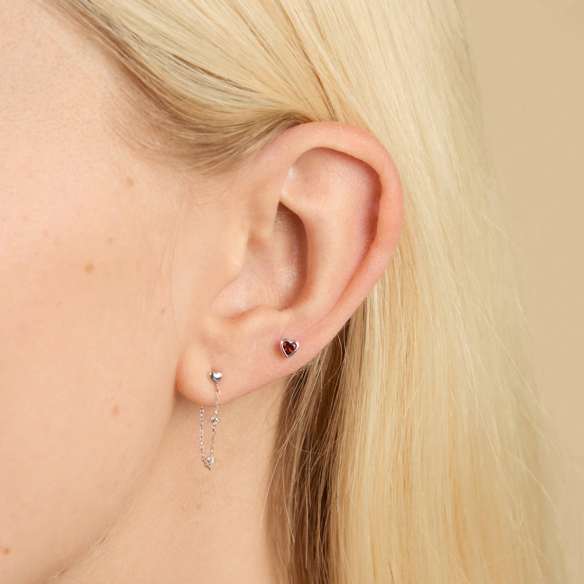 Garnet Heart Piercing Stud in Solid White Gold - Image 2