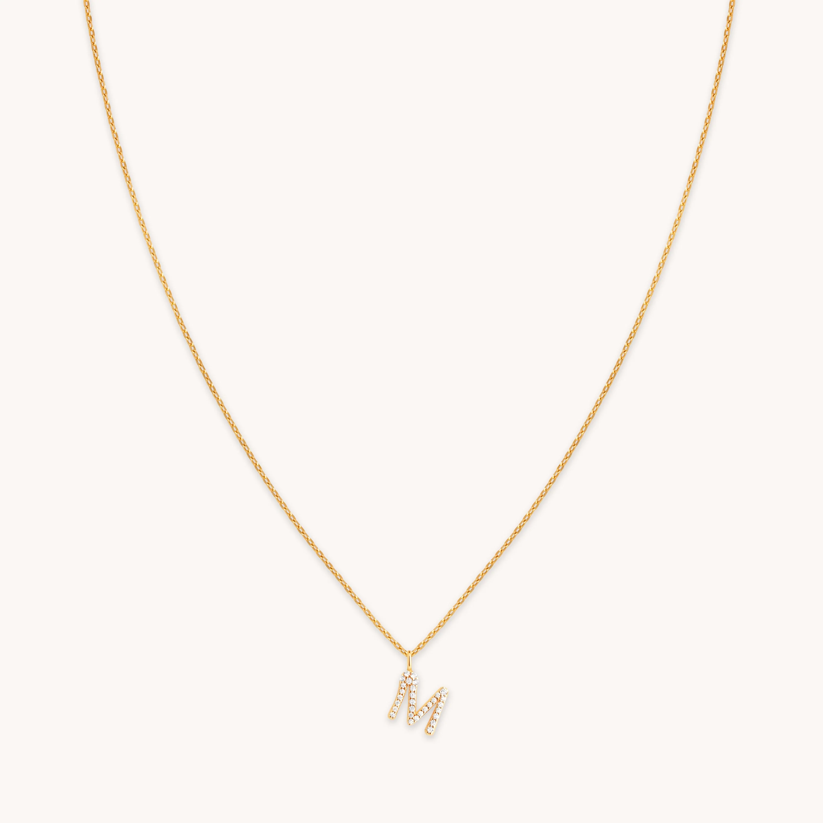 M Initial Pavé Pendant Necklace in Gold