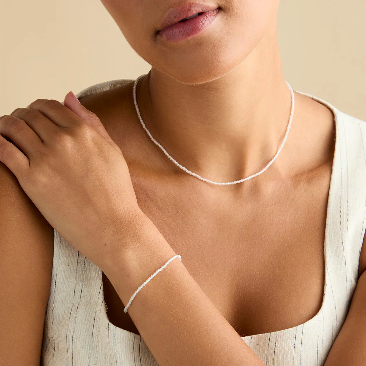 Moonstone June Beaded Birthstone Necklace in Solid White Gold - Image 3