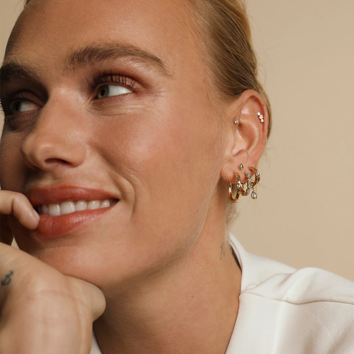 Opal Pear Bezel Hoops in Gold - Image 4