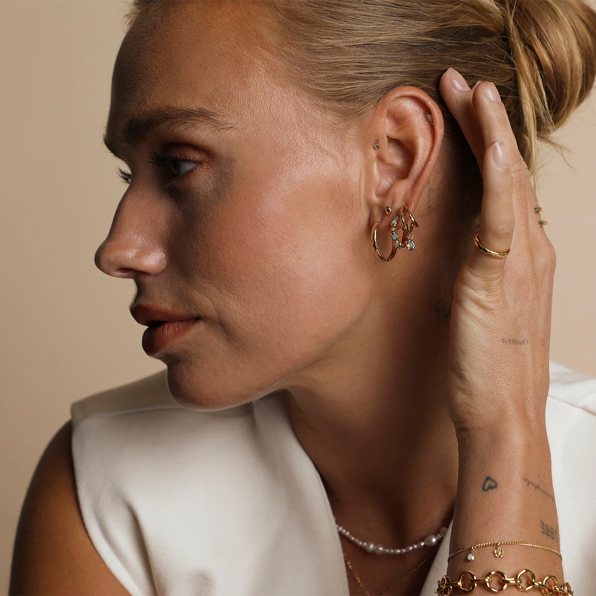 Opal Pear Bezel Hoops in Gold - Image 6
