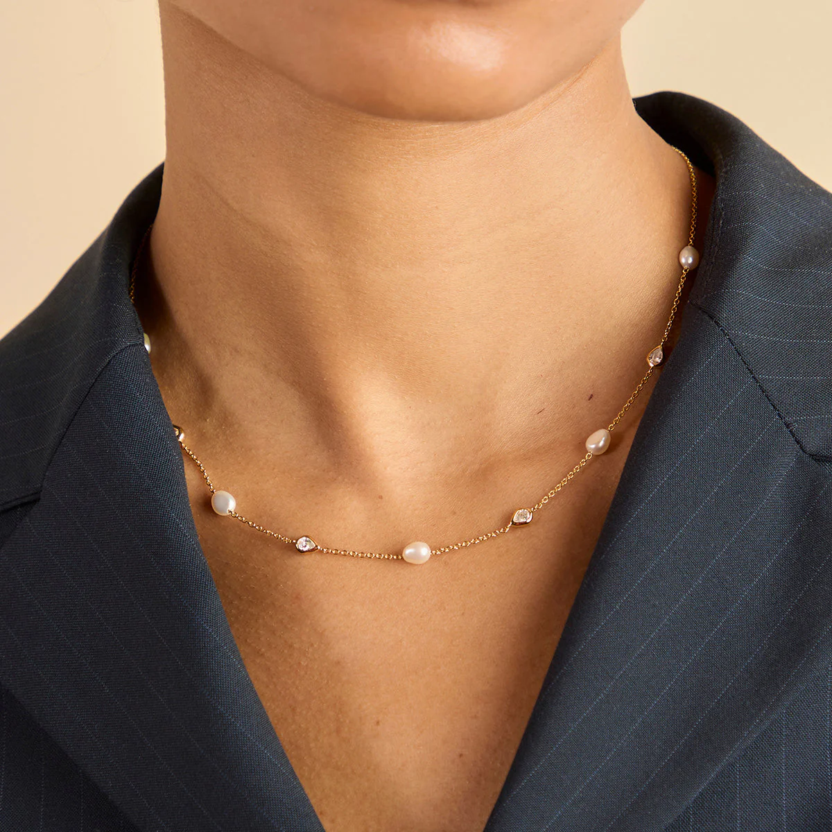 Pearl & Crystal Charm Necklace in Gold - Image 2