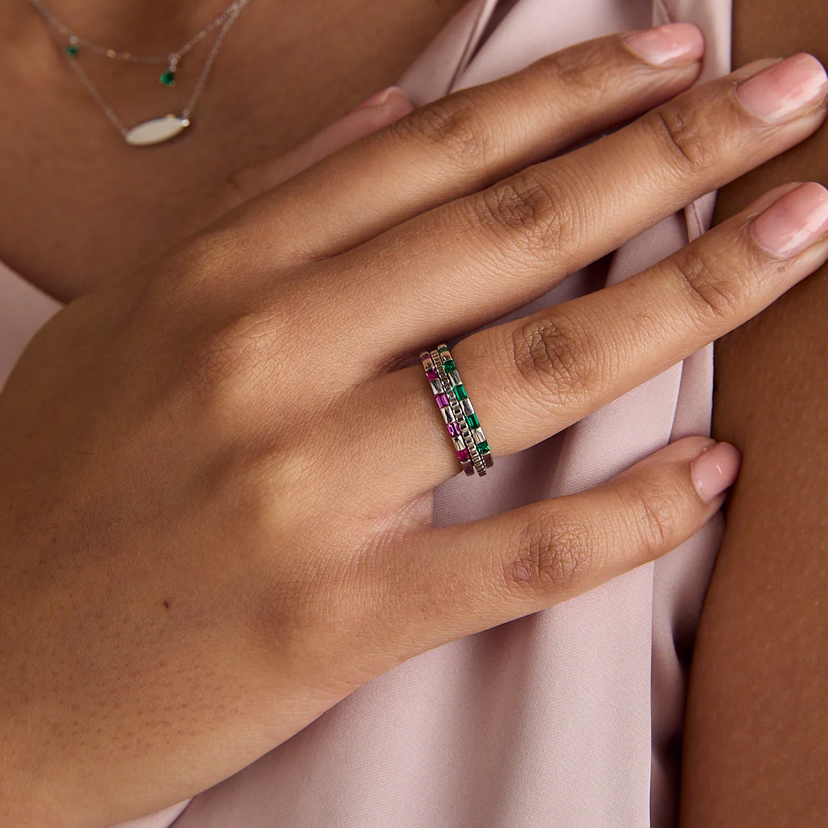 Pink Sapphire Baguette Band Ring in Solid White Gold - Image 3