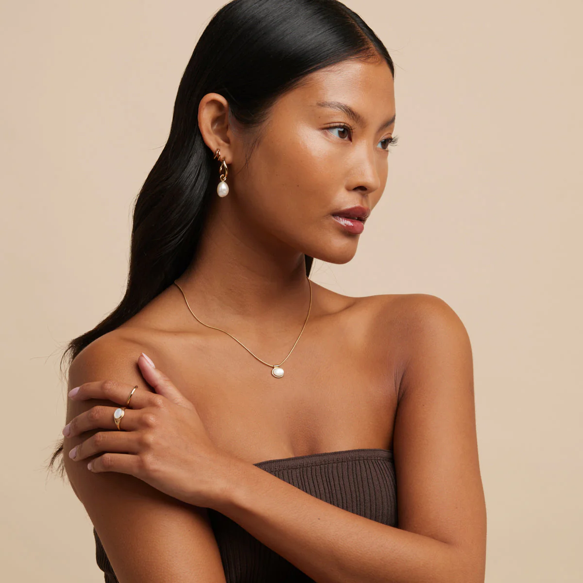 Serenity Pearl Charm Hoops in Gold - Image 6