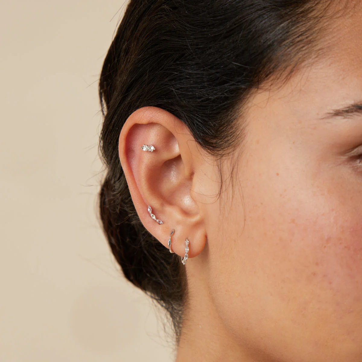 White Topaz Curved Studs in Solid White Gold - Image 3